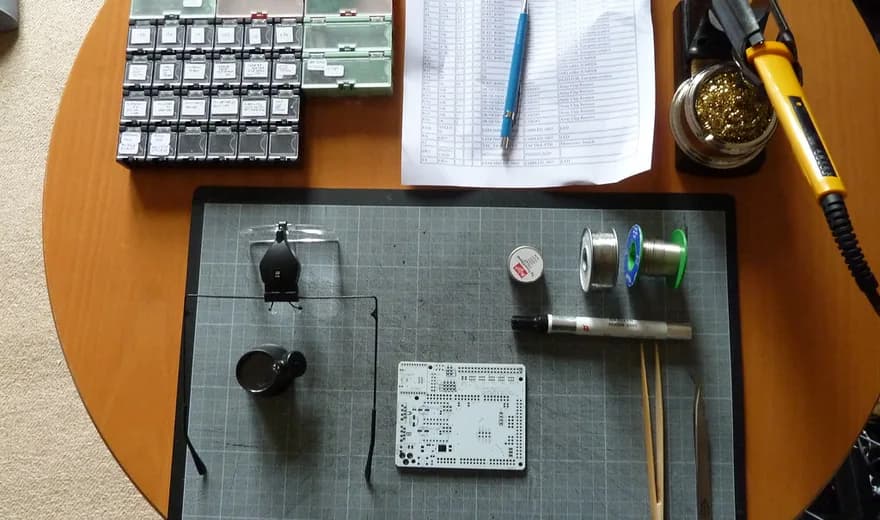 A workbench laid out with small hand tools and measuring instruments.